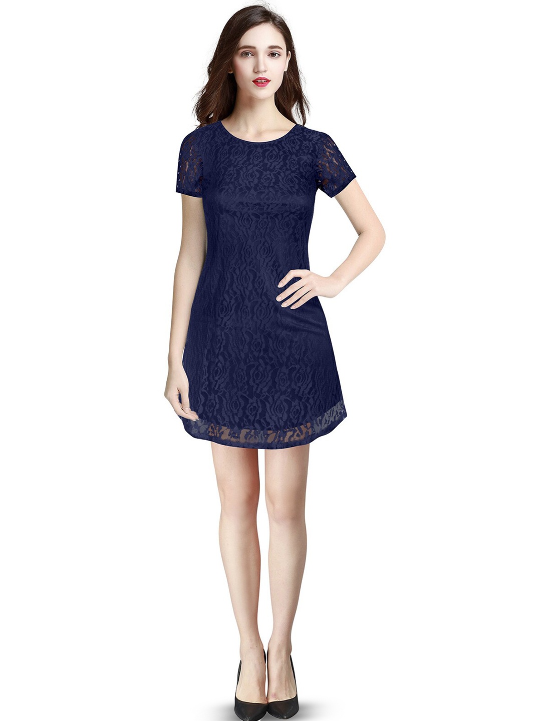 

ODETTE Self Design Round Neck A-Line Dress, Blue