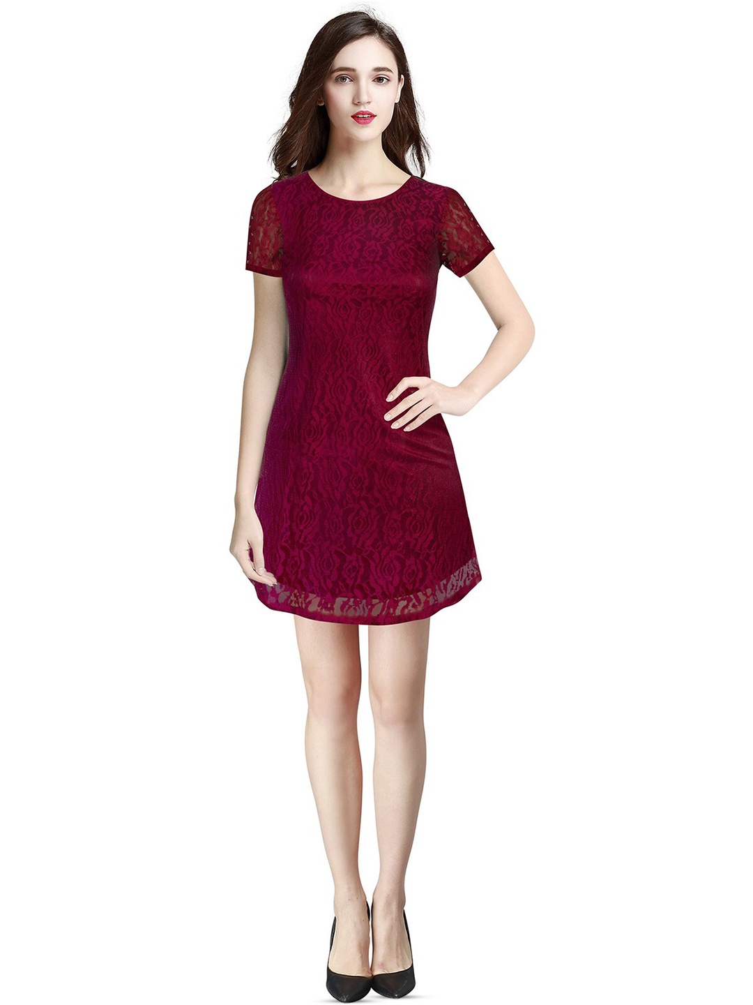 

ODETTE Self Design Round Neck A-Line Dress, Maroon