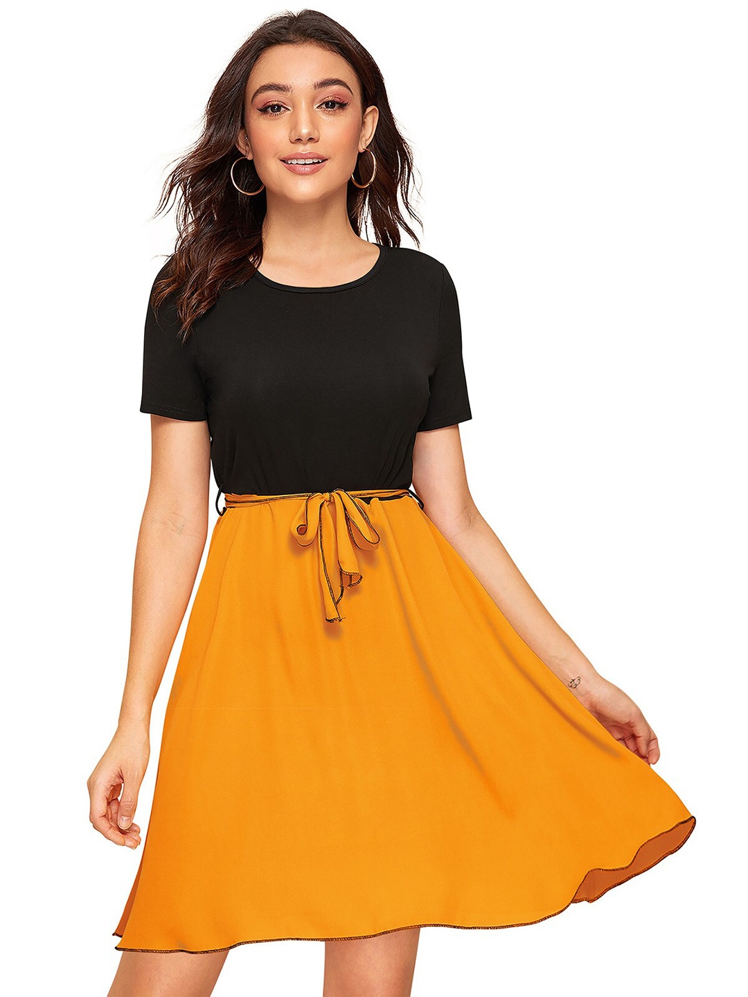 

ODETTE Colourblocked Tie-Ups Fit & Flare Dress, Yellow