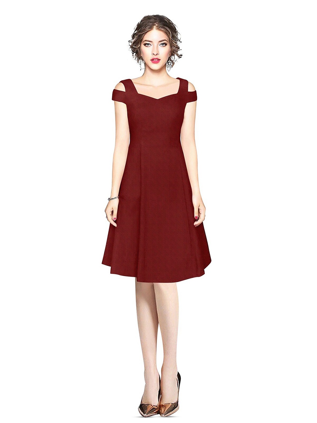 

ODETTE Sweetheart Neck Cold Shoulder Fit & Flare Dress, Maroon