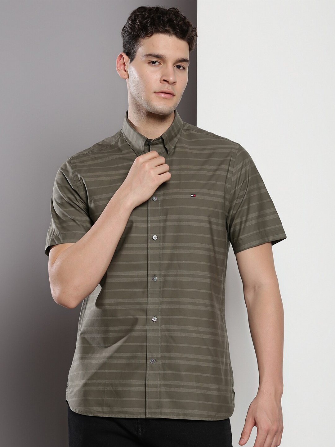 

Tommy Hilfiger Horizontal Stripes Pure Cotton Casual Shirt, Olive