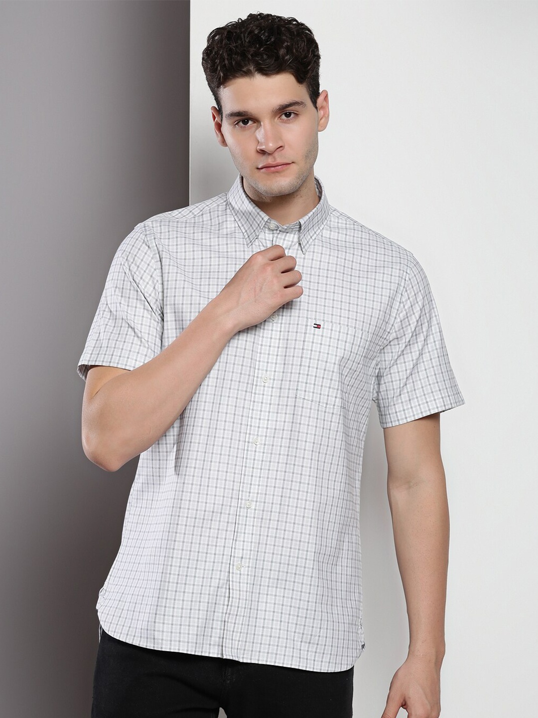 

Tommy Hilfiger Grid Tattersall Checks Pure Cotton Casual Shirt, Green