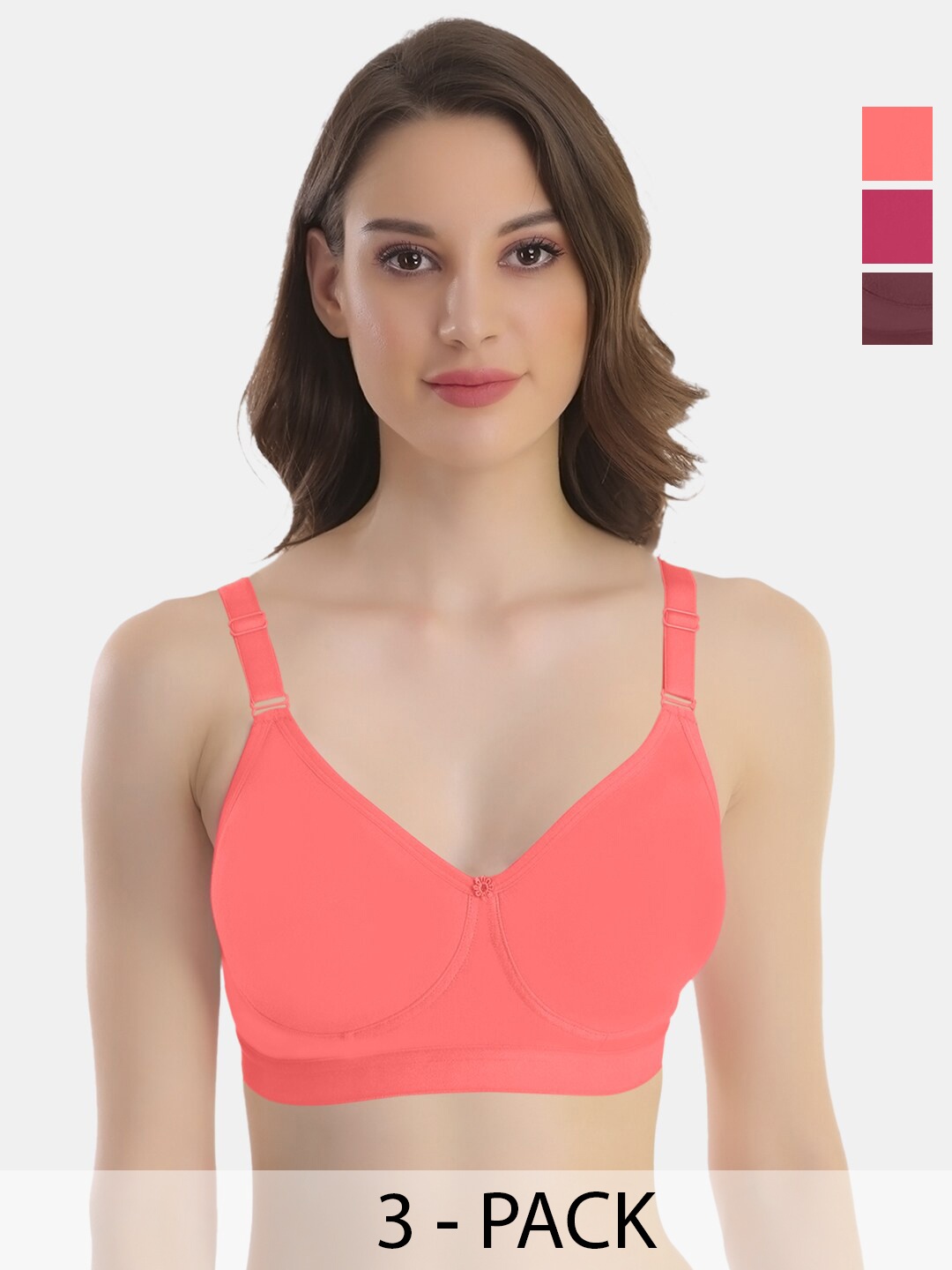 

POOJA RAGENEE Pack Of 3 Anti Odour Cotton T-shirt Bra Full Coverage Non Padded Non-Wired, Pink