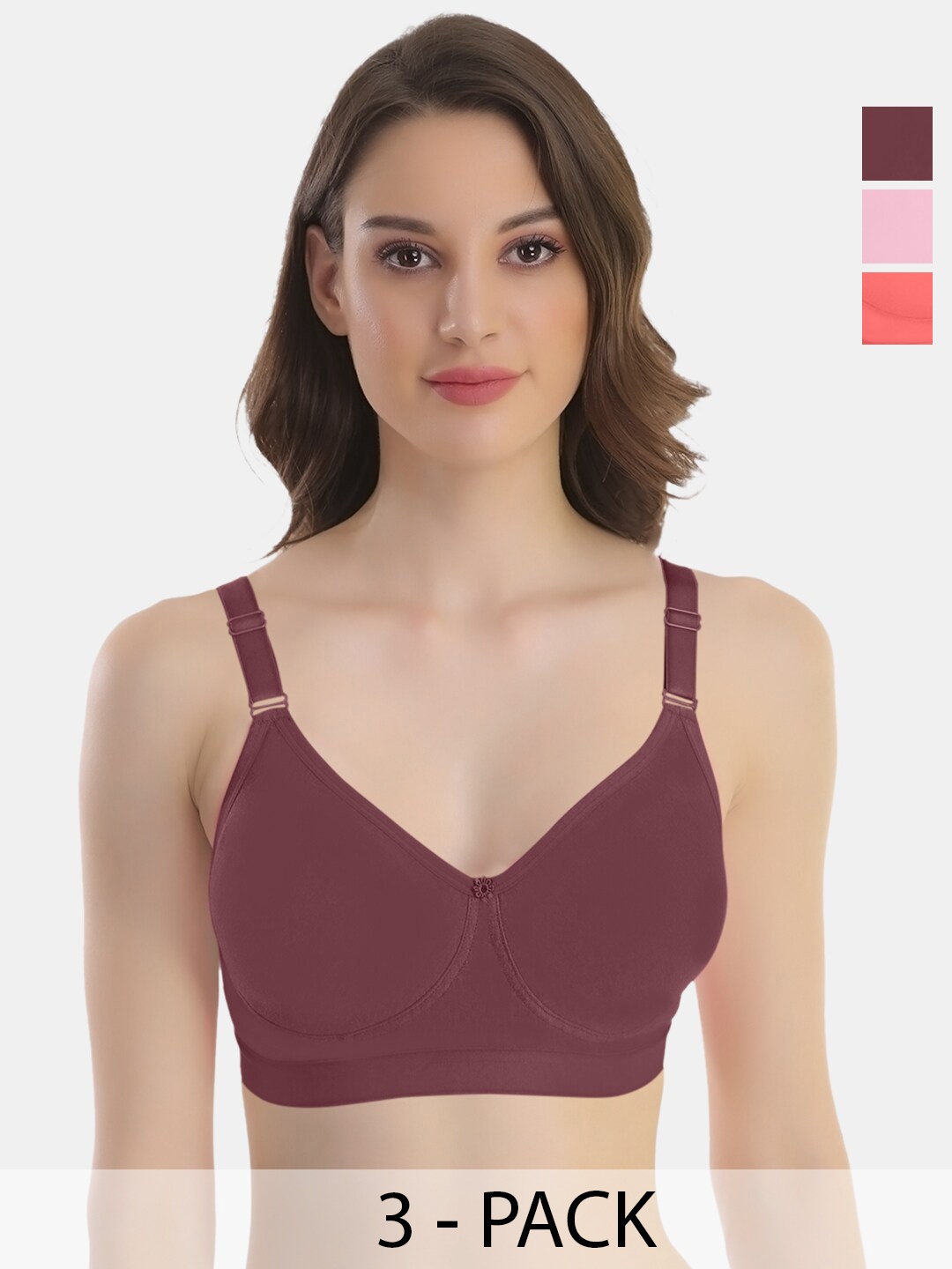 

POOJA RAGENEE Pack Of 3 Full Coverage Non Padded Cotton Everyday Bra With All Day Comfort, Pink