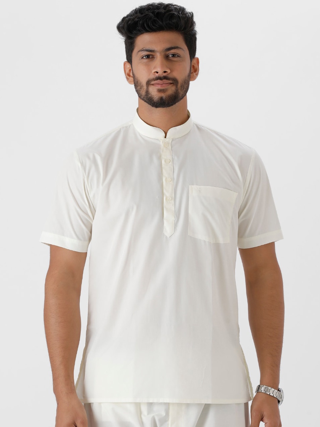 

Ramraj Mandarin Collar Short Sleeves Straight Short Kurta, Cream