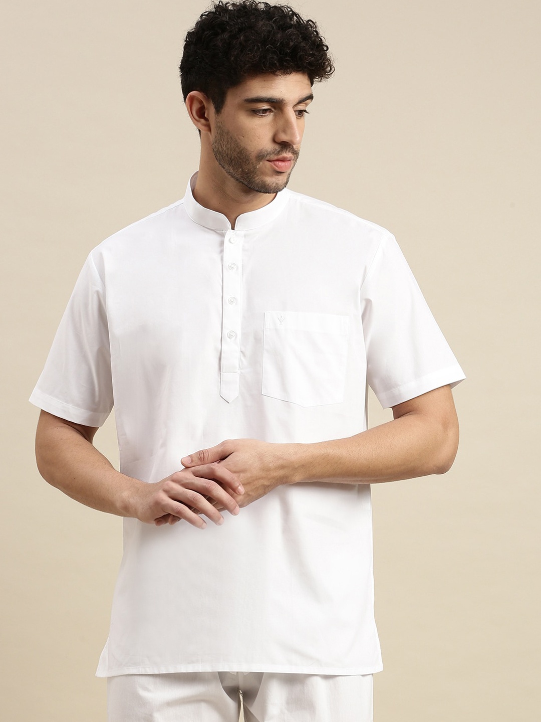 

Ramraj Mandarin Collar Short Sleeves Straight Short Kurta, White