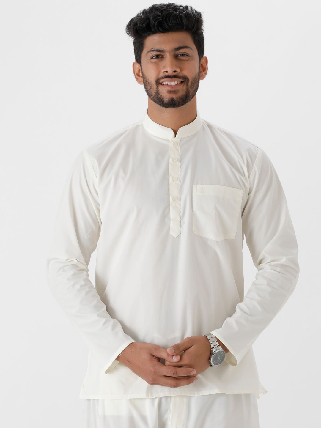 

Ramraj Mandarin Collar Long Sleeves Straight Short Kurta, Cream