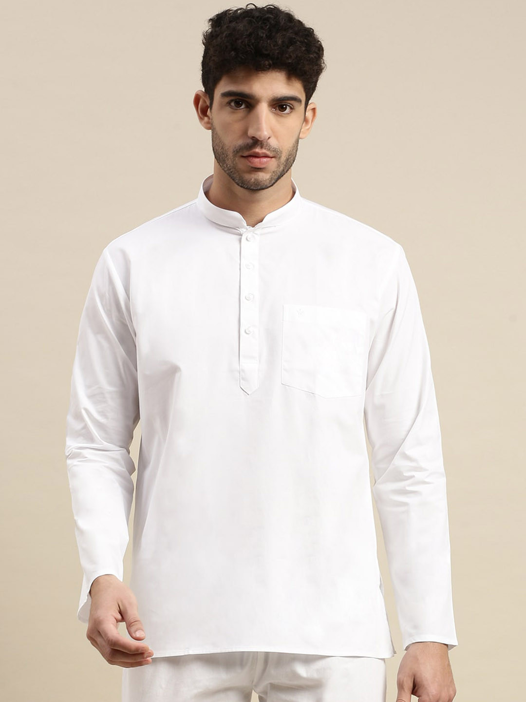 

Ramraj Mandarin Collar Long Sleeves Straight Short Kurta, White