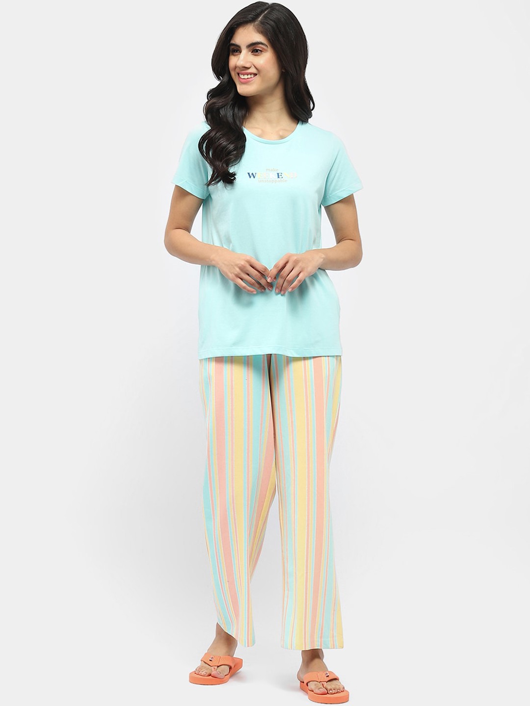

MADAME M SECRET Typography Printed Night Suit, Blue