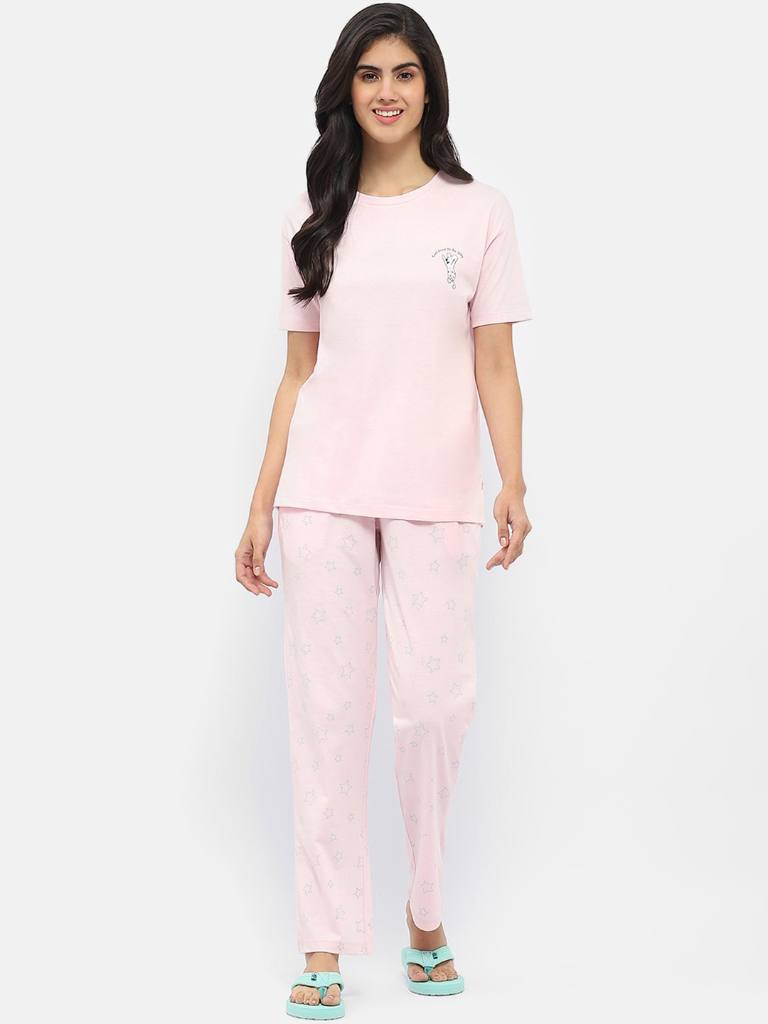 

MADAME M SECRET Graphic Printed Round Neck Night suit, Pink