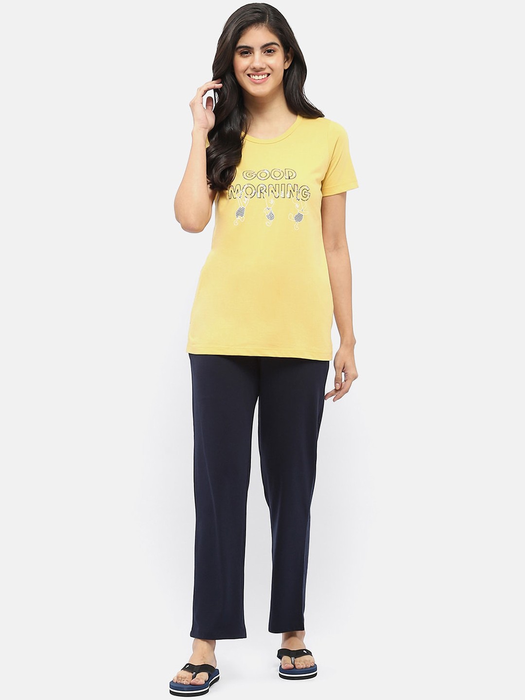 

MADAME M SECRET Typography Printed Round Neck Night suit, Yellow
