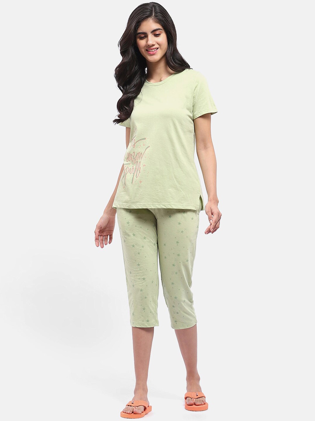 

MADAME M SECRET Typography Printed Night Suit, Green