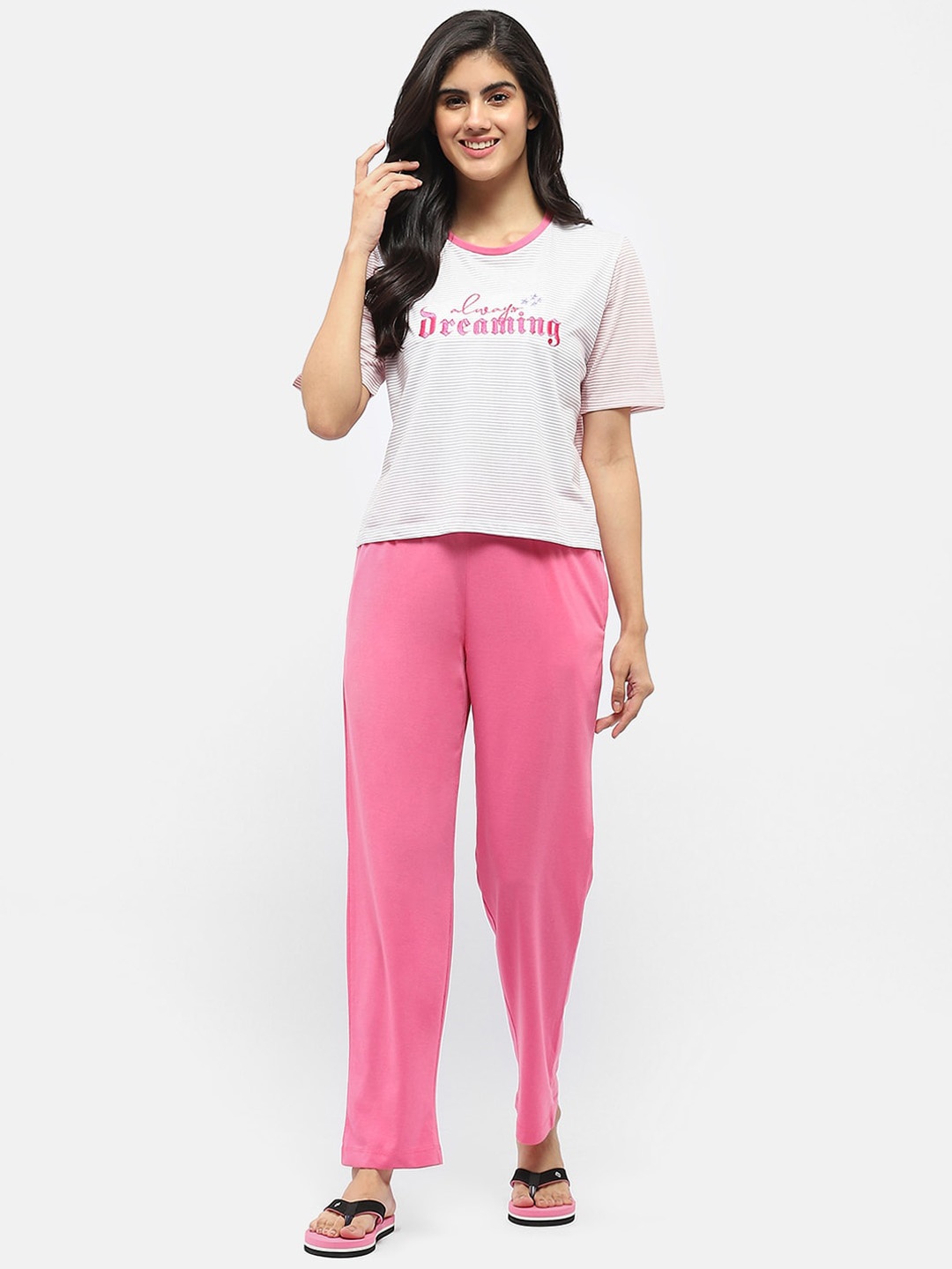 

MADAME M SECRET Typography Printed Night Suit, Pink