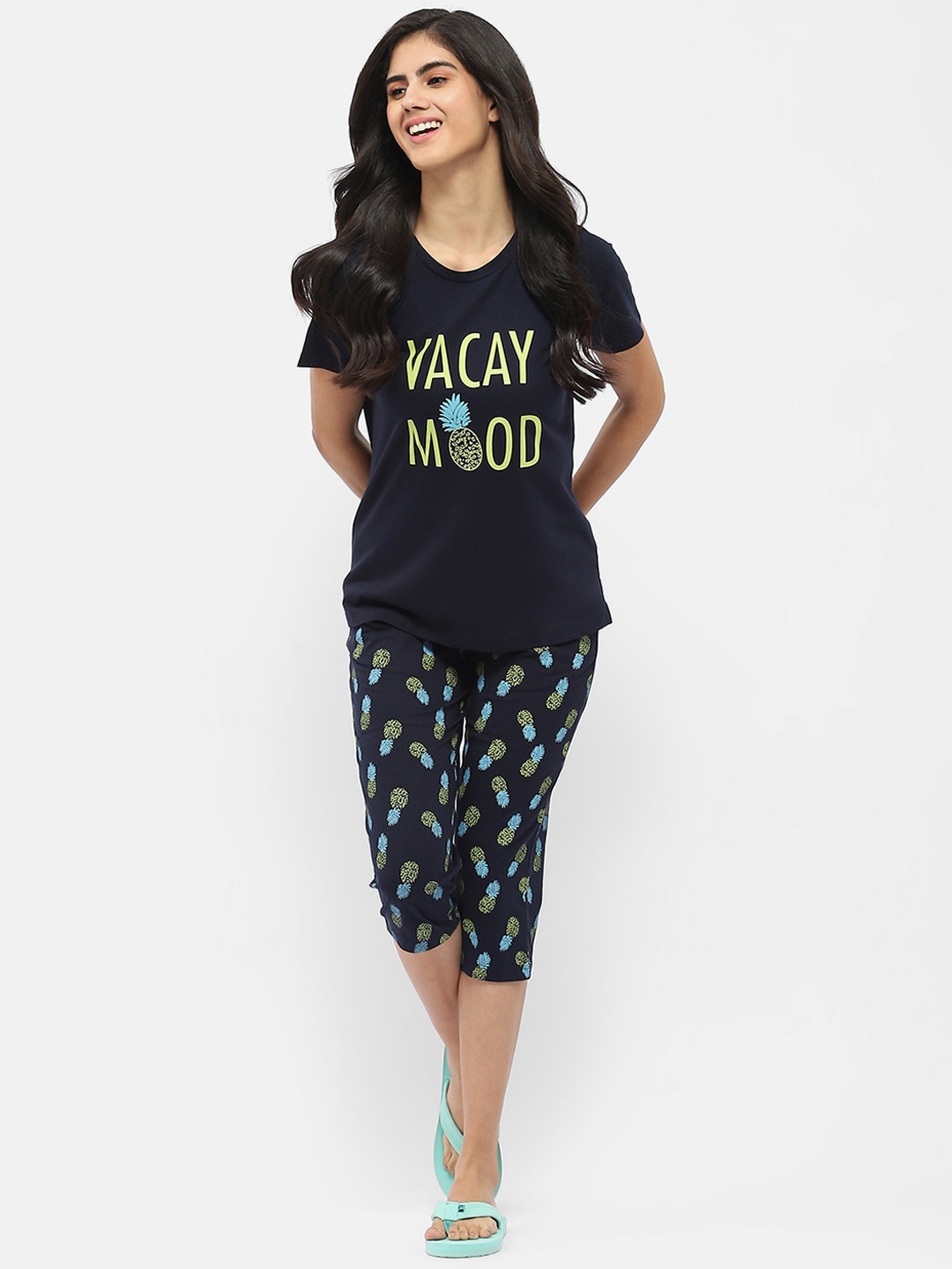 

MADAME M SECRET Typography Printed Round Neck Night suit, Navy blue