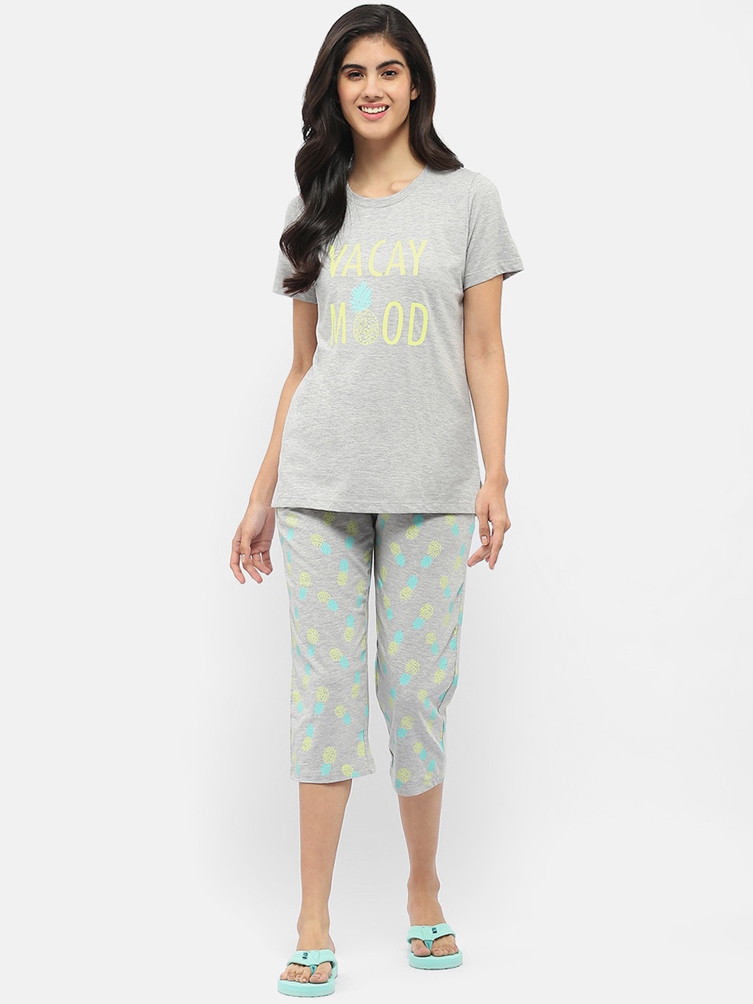 

MADAME M SECRET Typography Printed Night Suit, Grey