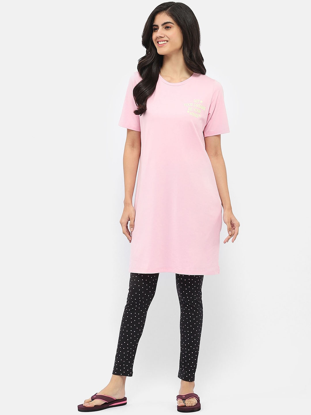 

MADAME M SECRET Round Neck Longline T-shirt With Printed Pyjamas, Pink