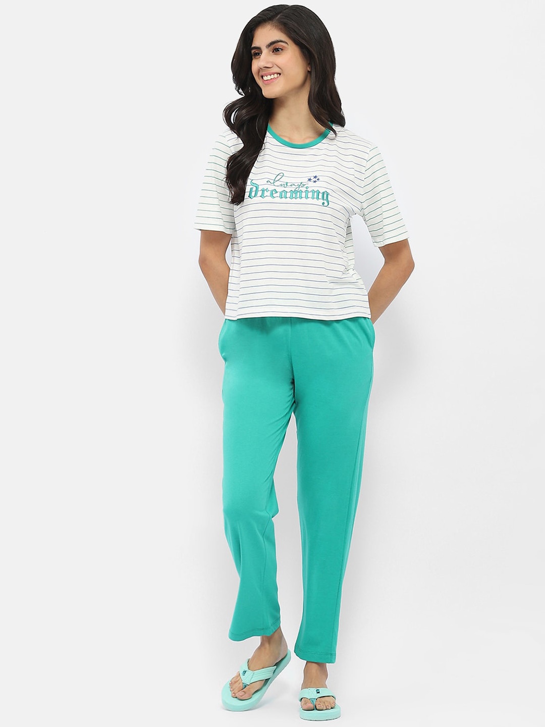 

MADAME M SECRET Striped Round Neck Night suit, Green