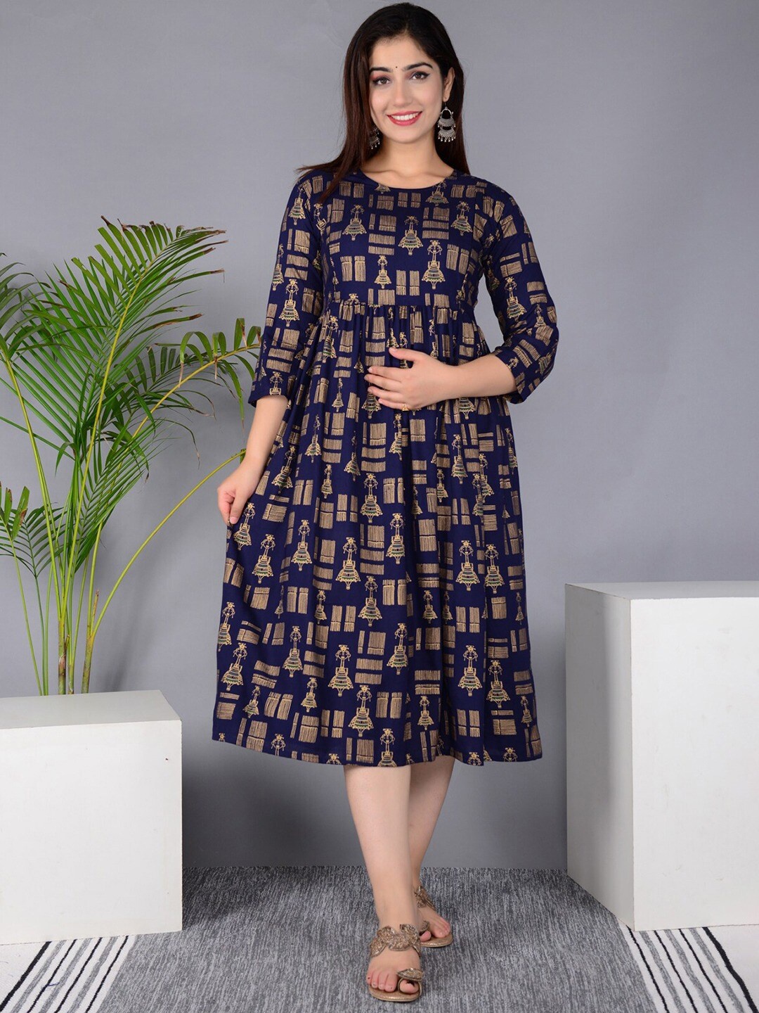 

BAESD Ethnic Motifs Printed Round Neck Gathered Maternity Fit & Flare Midi Ethnic Dress, Blue