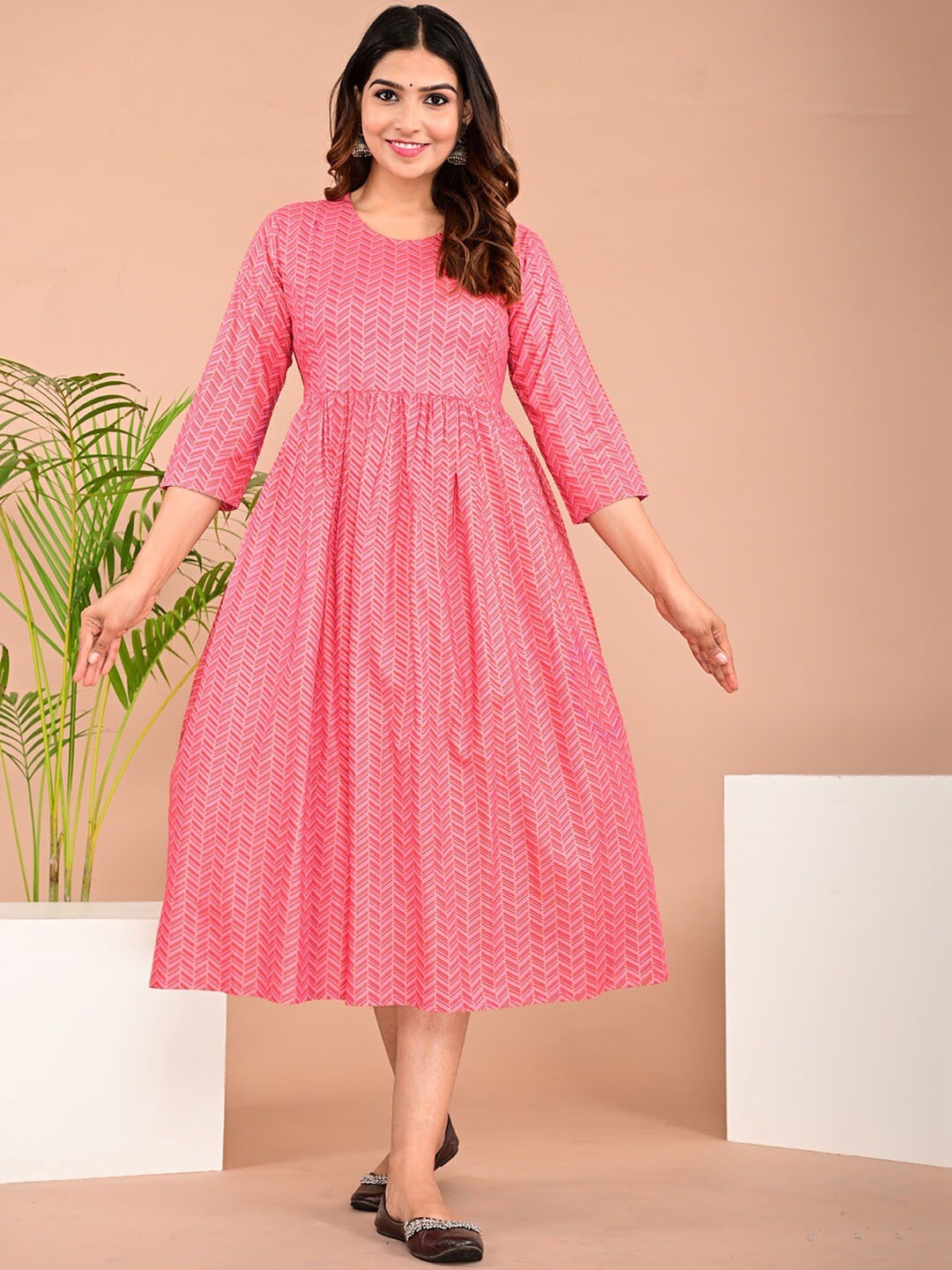 

BAESD Geometric Printed Maternity Nursing Maternity Fit & Flare Midi Ethnic Dress, Pink