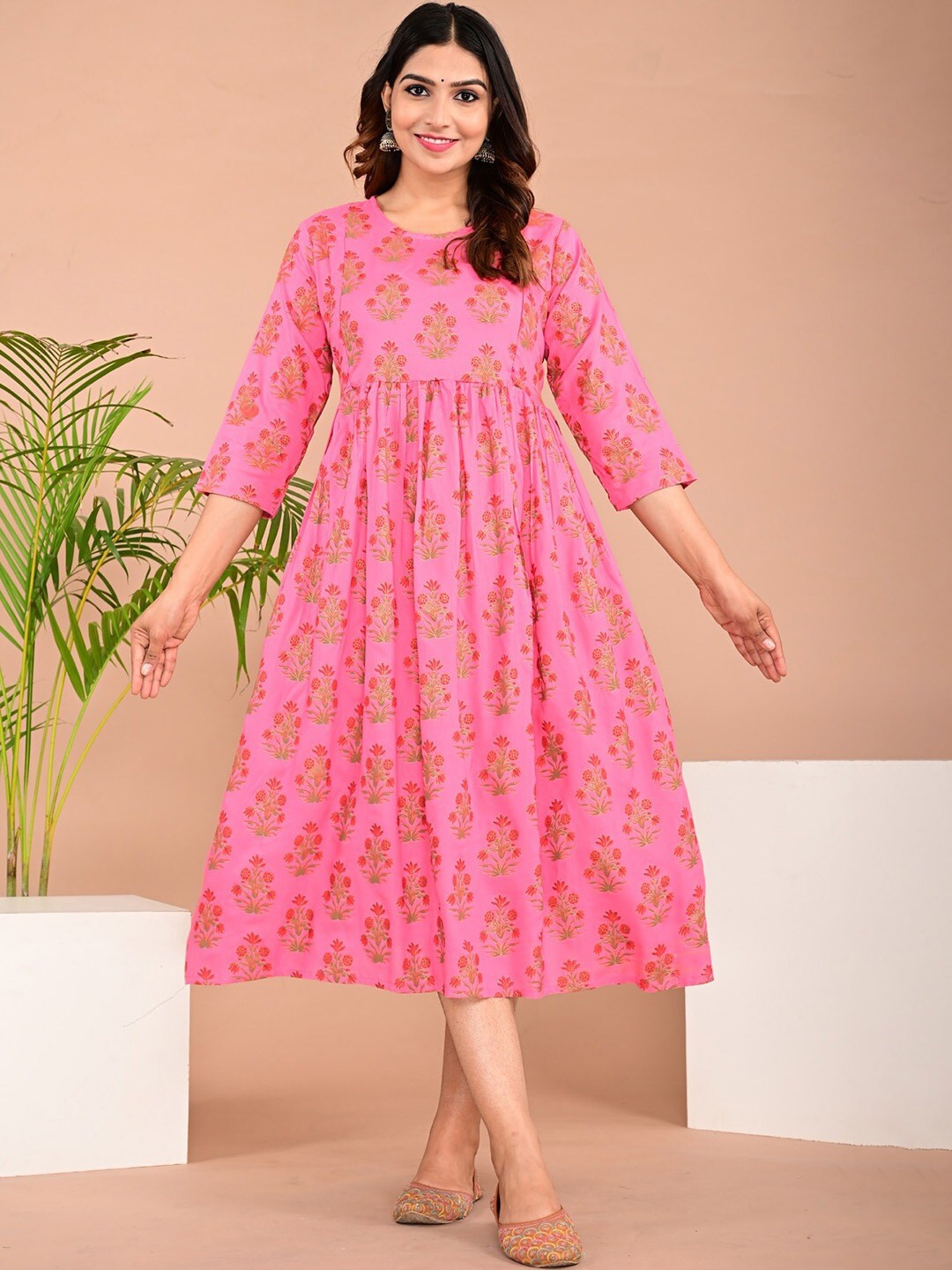 

BAESD Floral Printed Round Neck Gathered Maternity Fit & Flare Midi Ethnic Dress, Pink