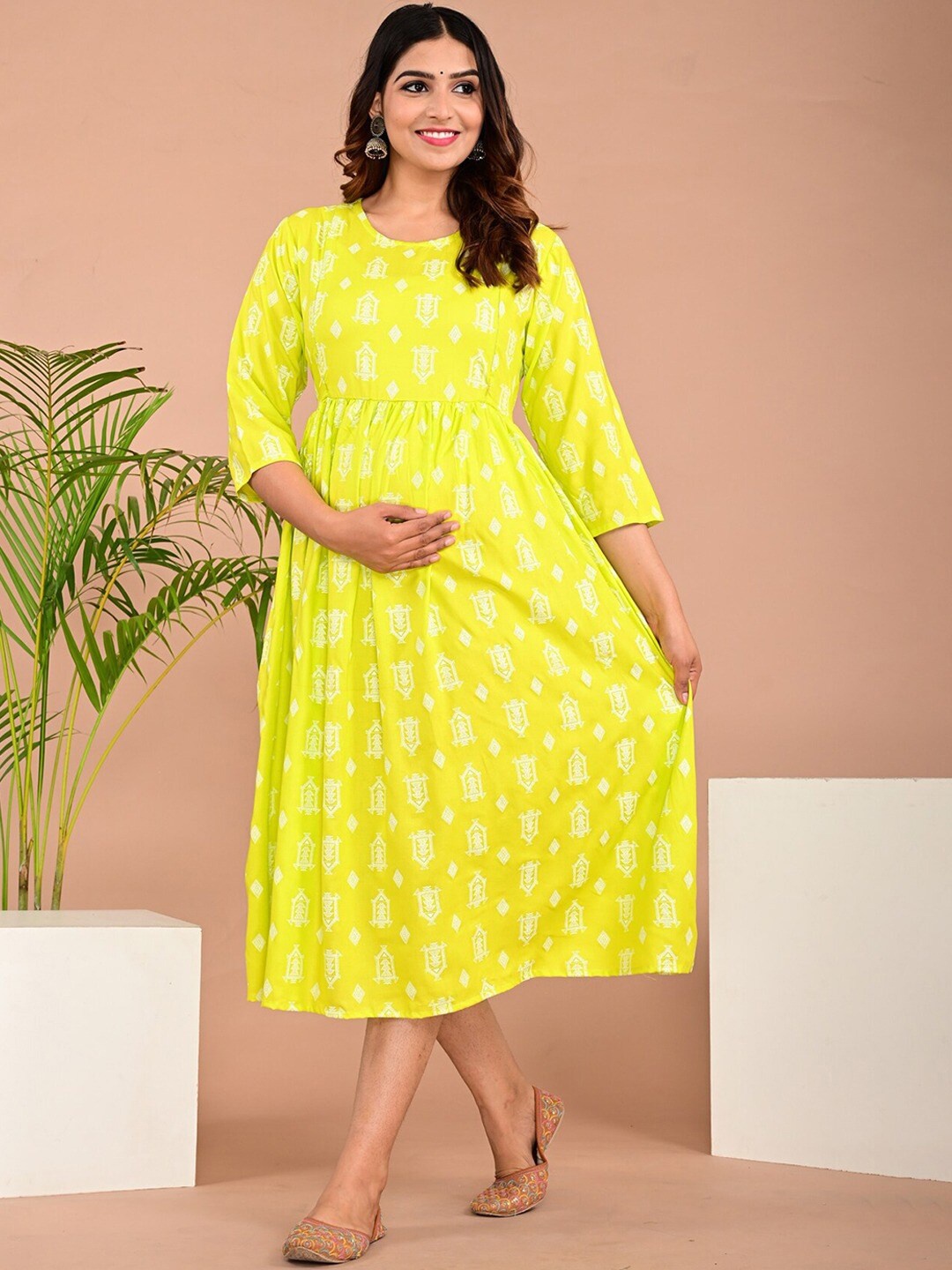 

BAESD Ethnic Motifs Print Maternity A-Line Midi Dress, Yellow