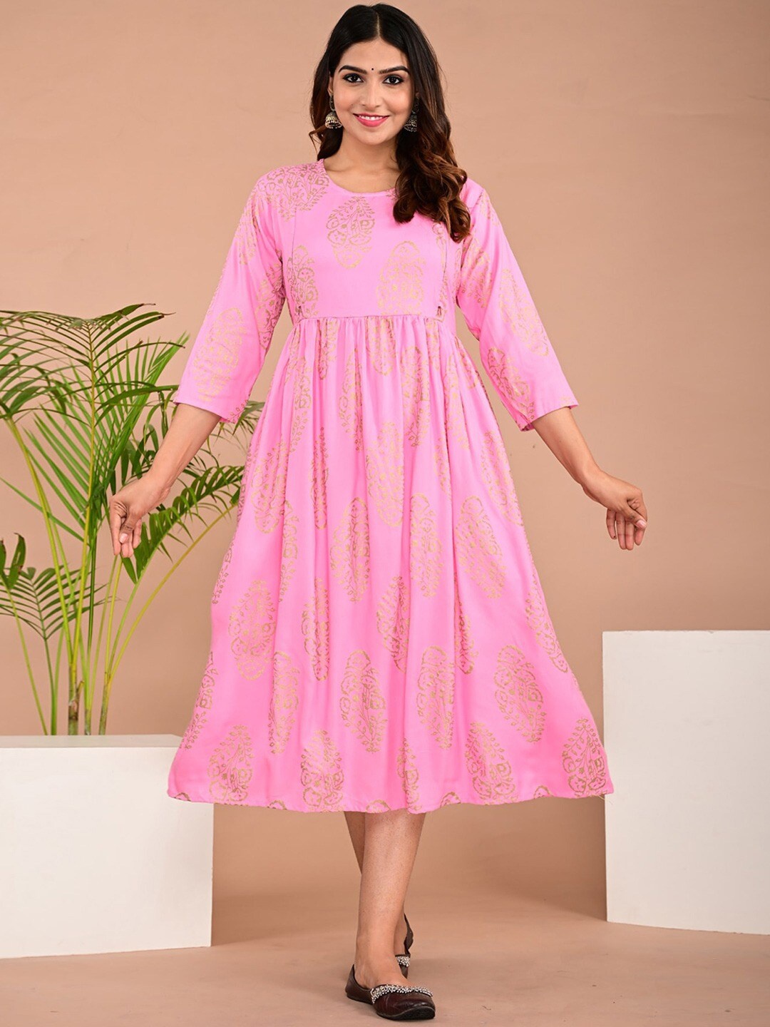 

BAESD Ethnic Motifs Print Maternity A-Line Midi Dress, Pink