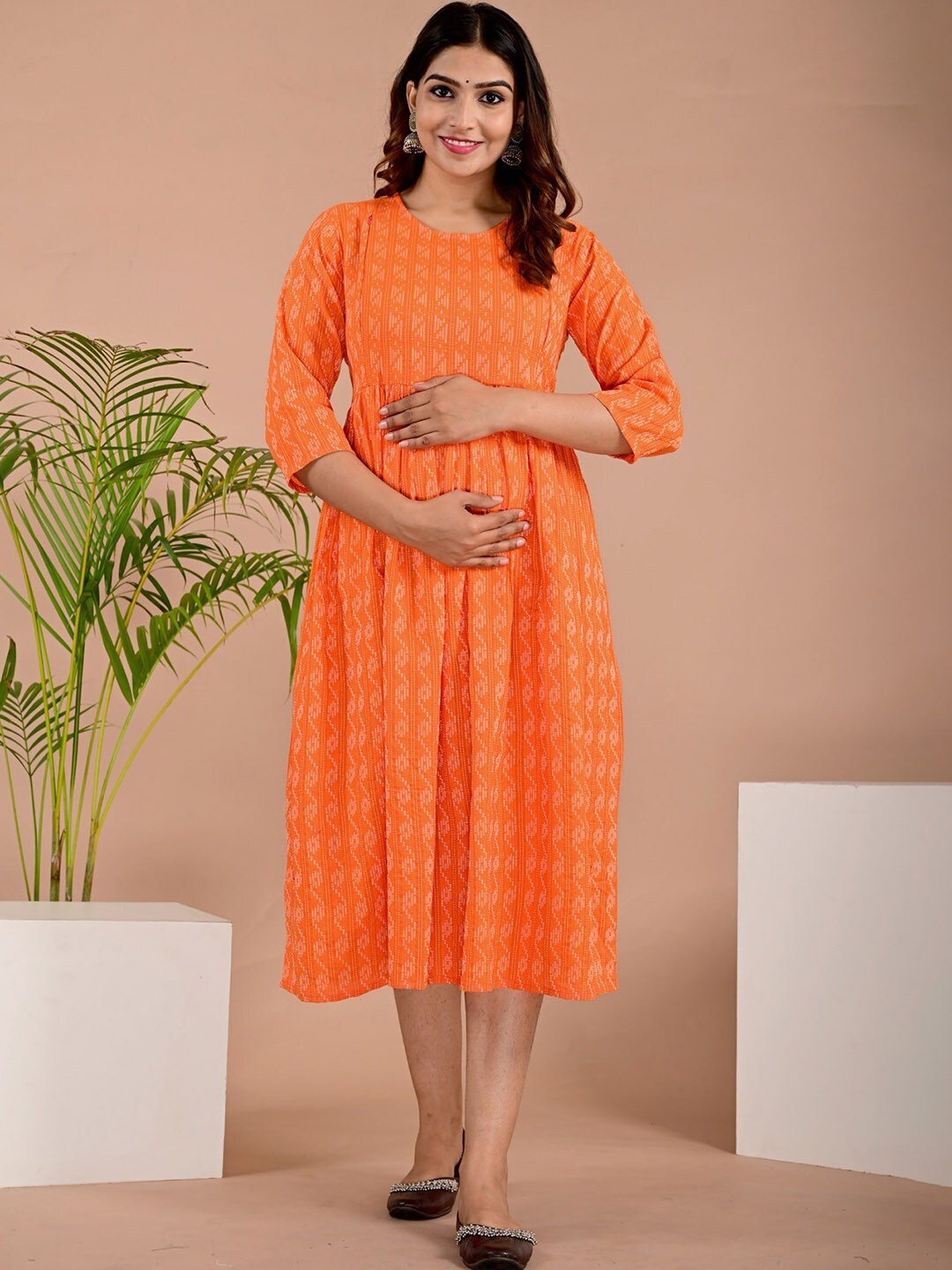 

BAESD Geometric Printed Maternity Nursing Maternity Fit & Flare Midi Ethnic Dress, Orange