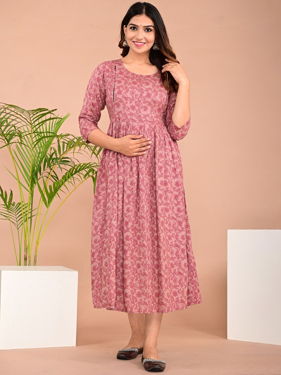 

BAESD Ethnic Motifs Printed Maternity Nursing Maternity Fit & Flare Midi Ethnic Dress, Pink