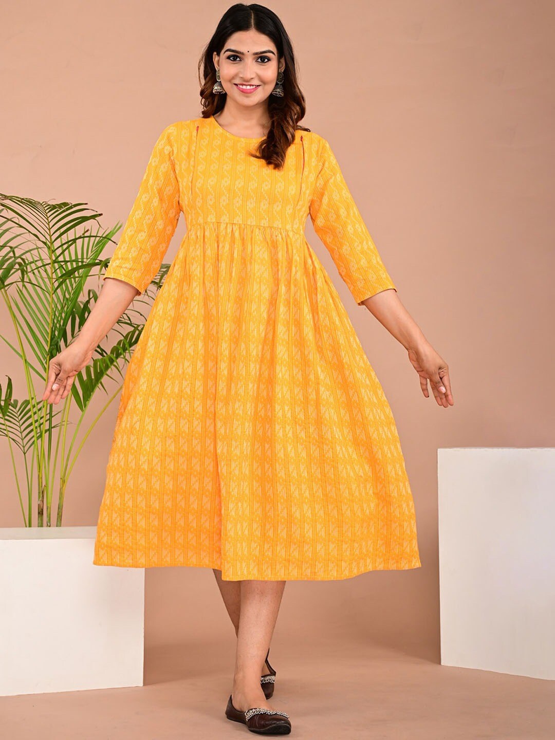 

BAESD Ethnic Motifs Printed Maternity Nursing Maternity Fit & Flare Midi Ethnic Dress, Yellow