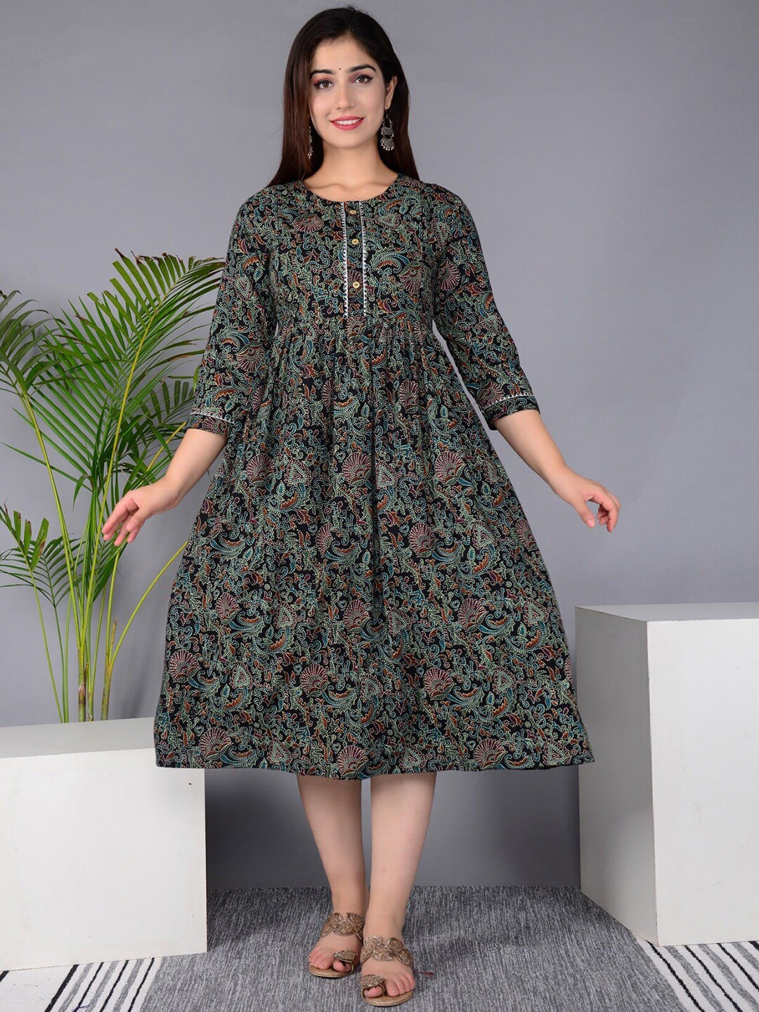 

BAESD Ethnic Motifs Printed Maternity Nursing Maternity Fit & Flare Midi Ethnic Dress, Black