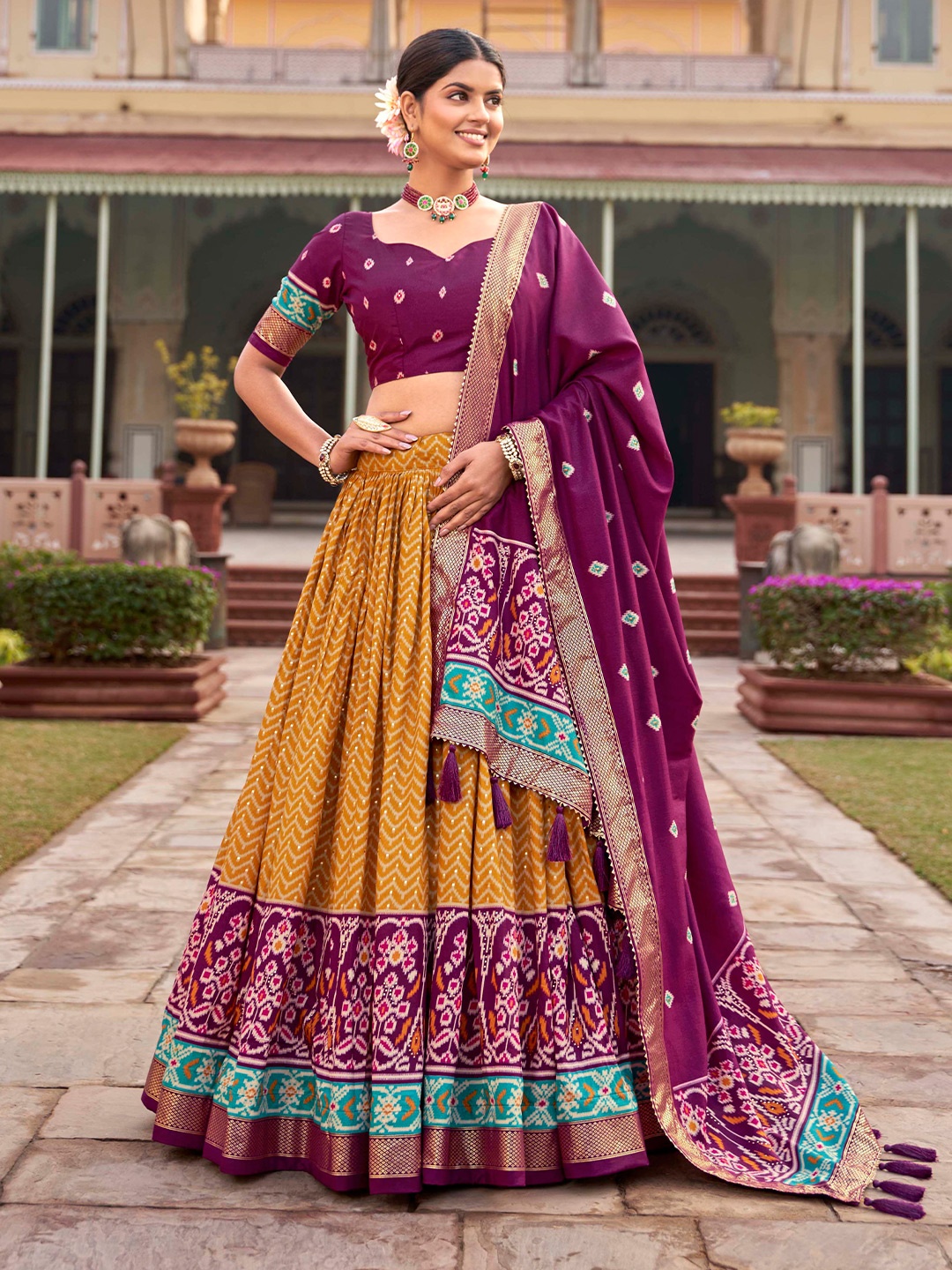 

LOOKNBOOK ART Foil Printed Semi-Stitched Lehenga & Unstitched Blouse With Dupatta, Mustard