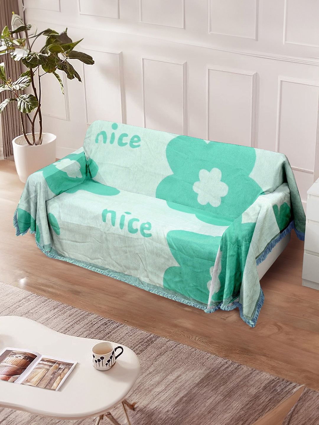 

Cortina Turquoise Blue & White Printed Reversible 4 Seater Sofa Cover Blanket