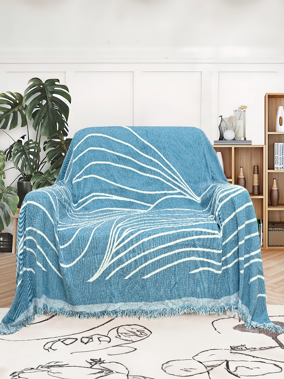 Cortina Blue & White Printed Reversible 1 Seater Sofa Cover Blanket