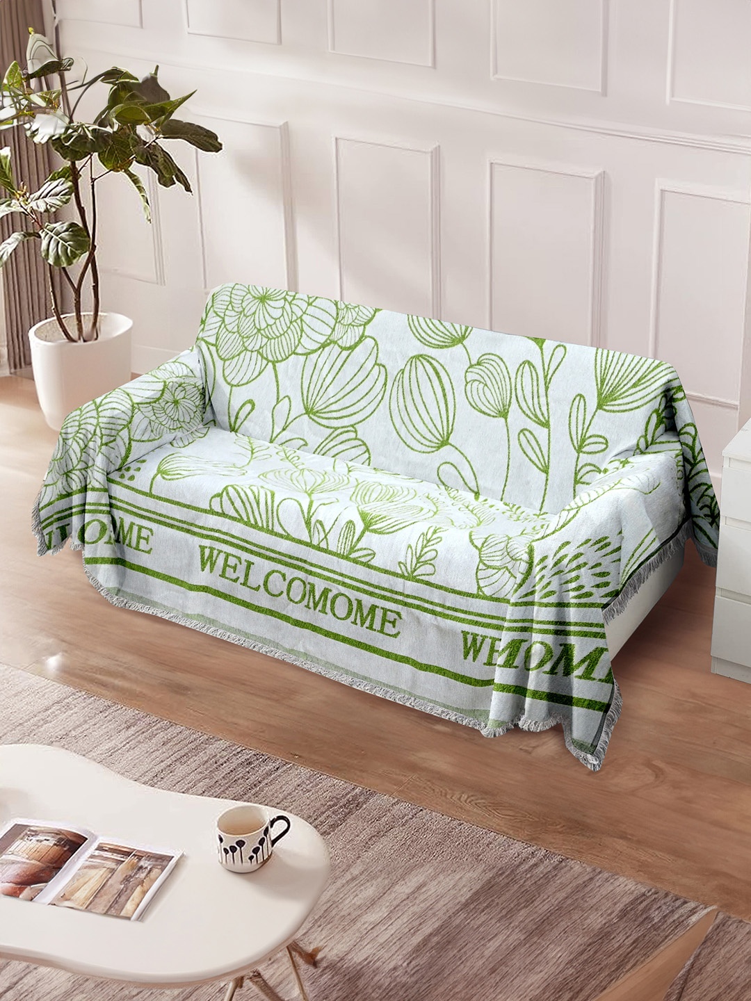 

Cortina Lime Green & White Printed Reversible 4 Seater Sofa Cover Blanket