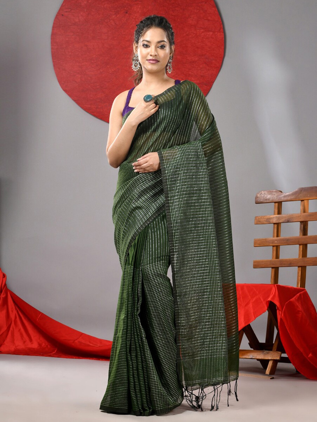 

Arhi Striped Tasseled Pure Cotton Saree, Green