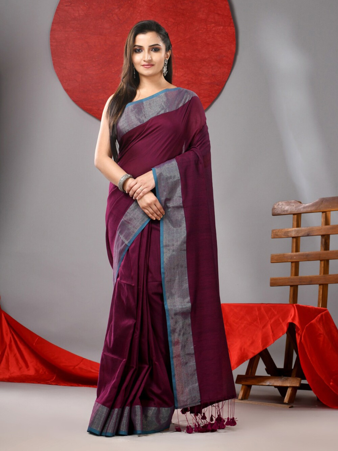 

Arhi Zari Tasseled Pure Cotton Saree, Purple