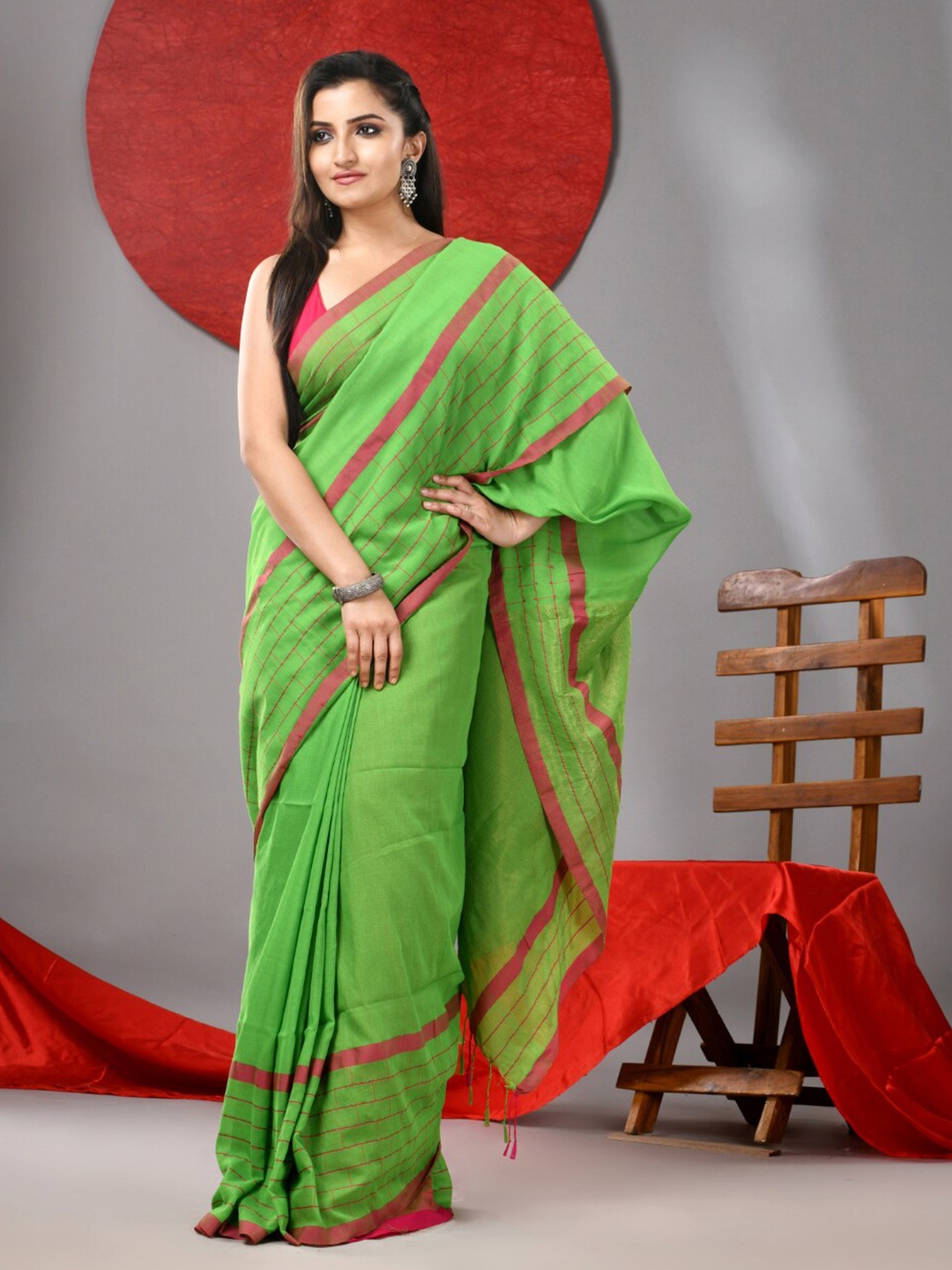 

Arhi Checked Pure Cotton Saree, Green