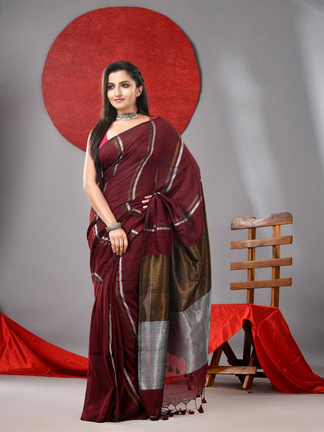 

Arhi Striped Pure Cotton Saree, Maroon