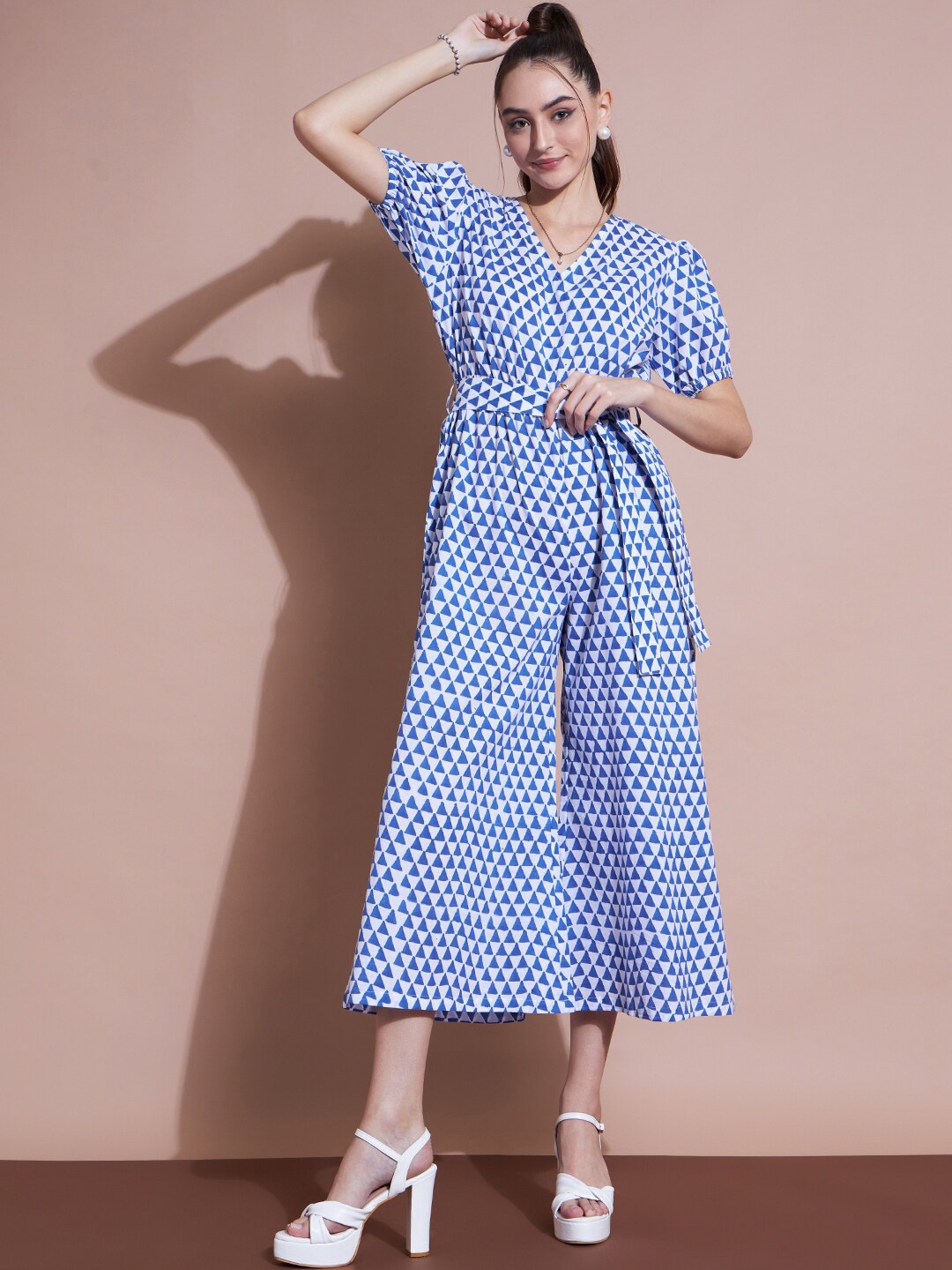 

DressBerry Blue Geometric Printed V-Neck Cotton Culotte Jumpsuit With Belt