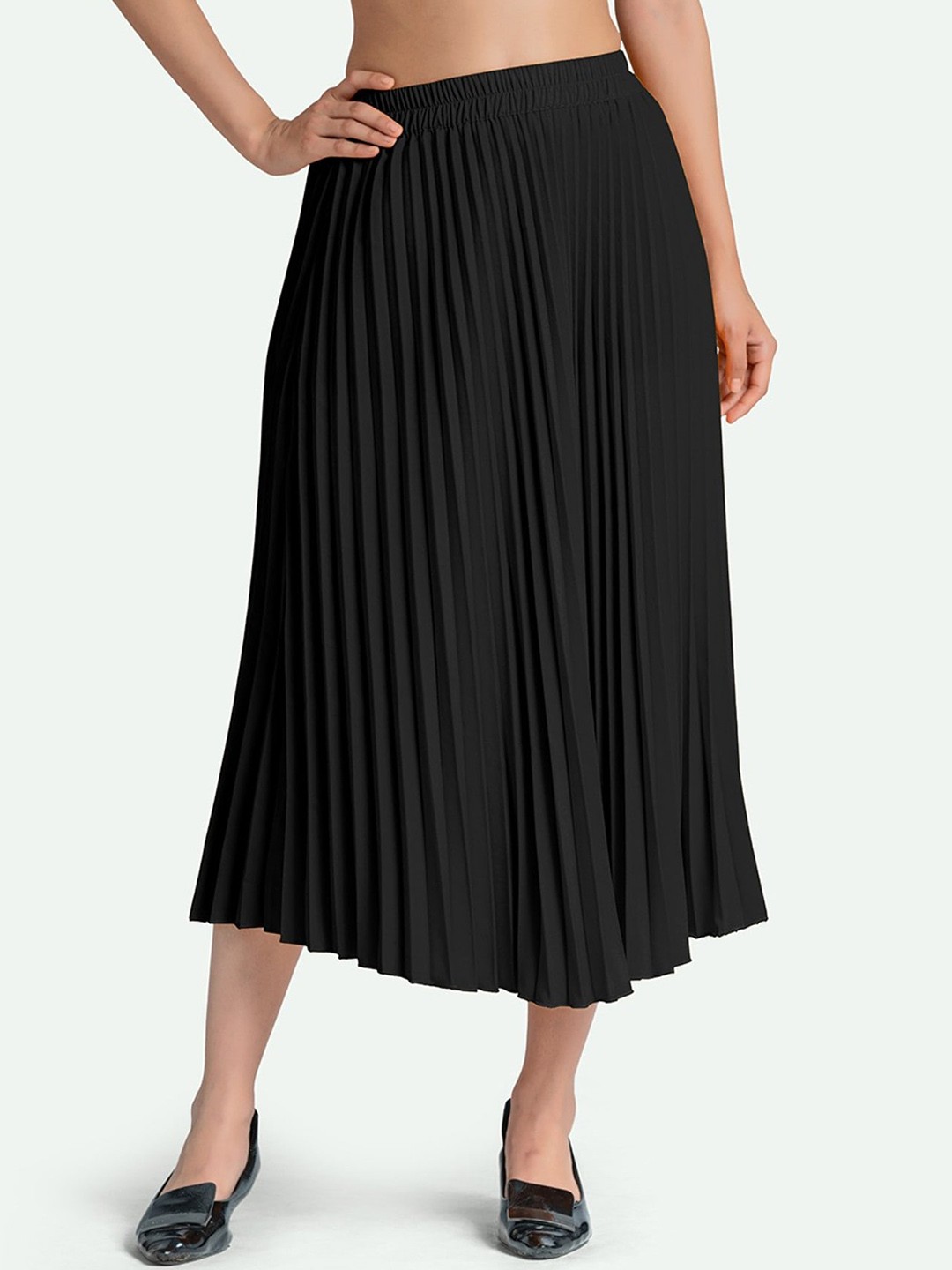 

Femvy Pleated Flared Midi Skirt, Black