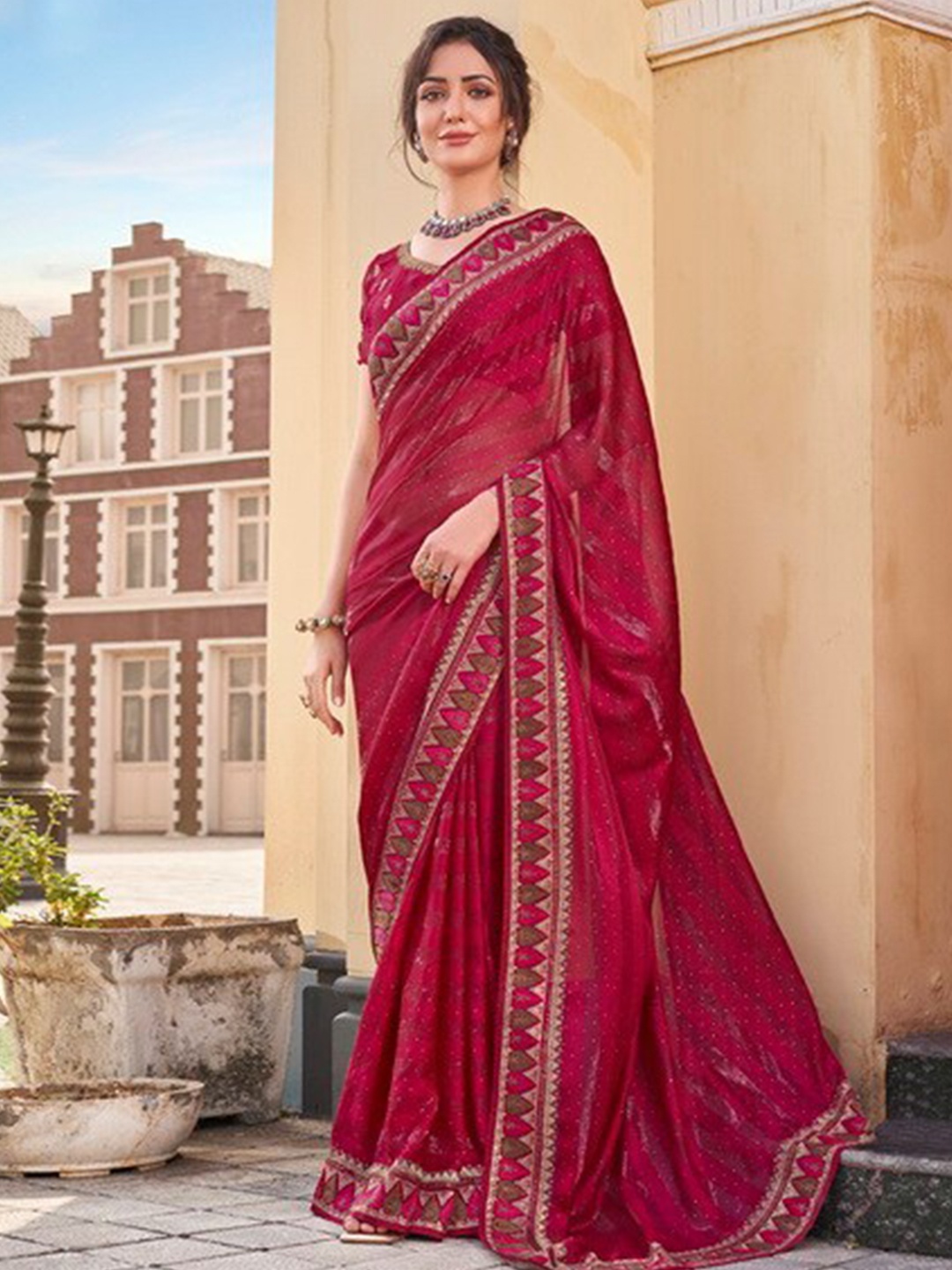

Kalista Striped Embellished Bordered Pure Chiffon Saree, Red
