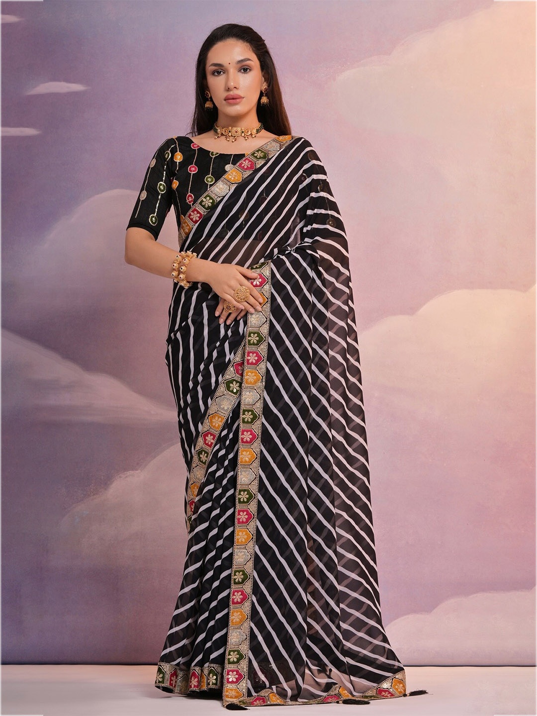 

Kalista Leheriya Printed Embroidered Pure Georgette Saree, Black