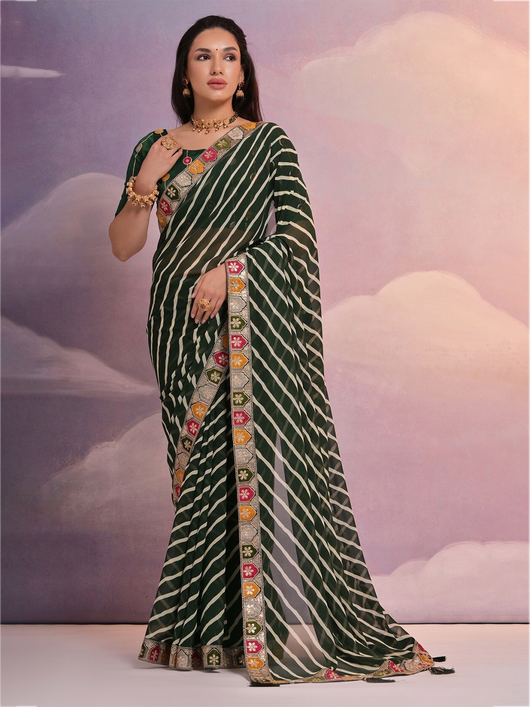 

Kalista Leheriya Printed Saree, Green