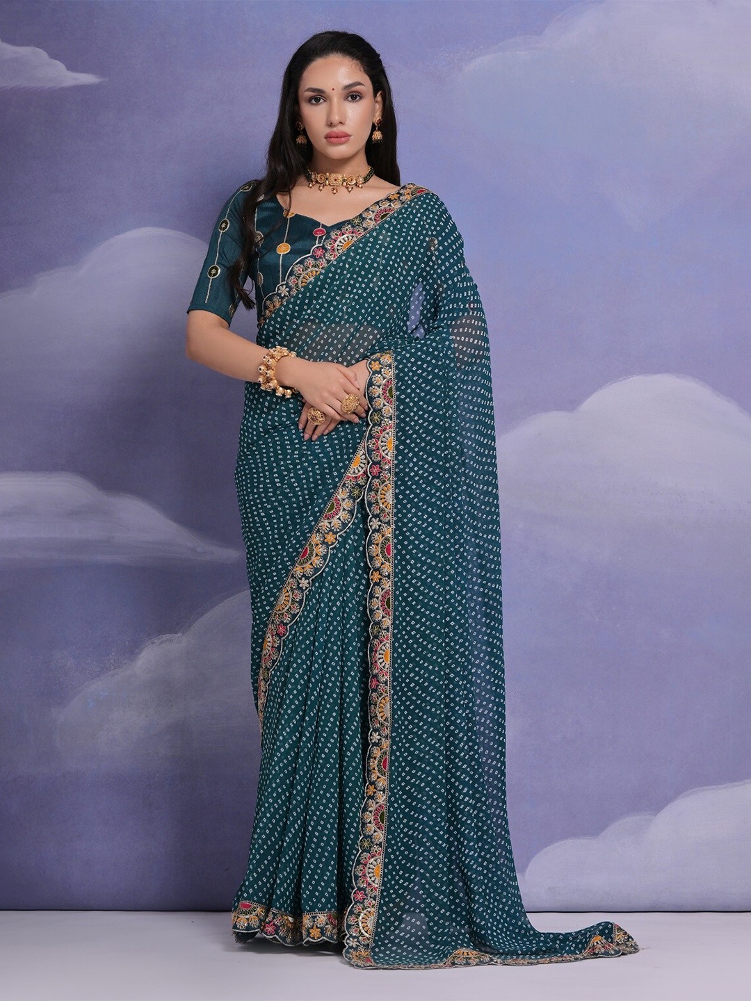 

Kalista Bandhani Printed Saree, Teal