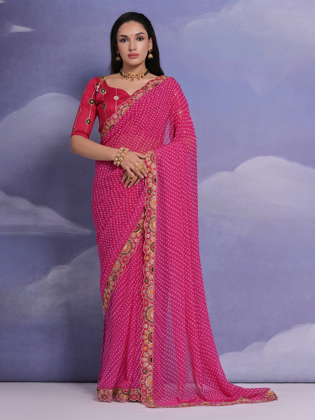 

Kalista Bandhani Printed Saree, Pink
