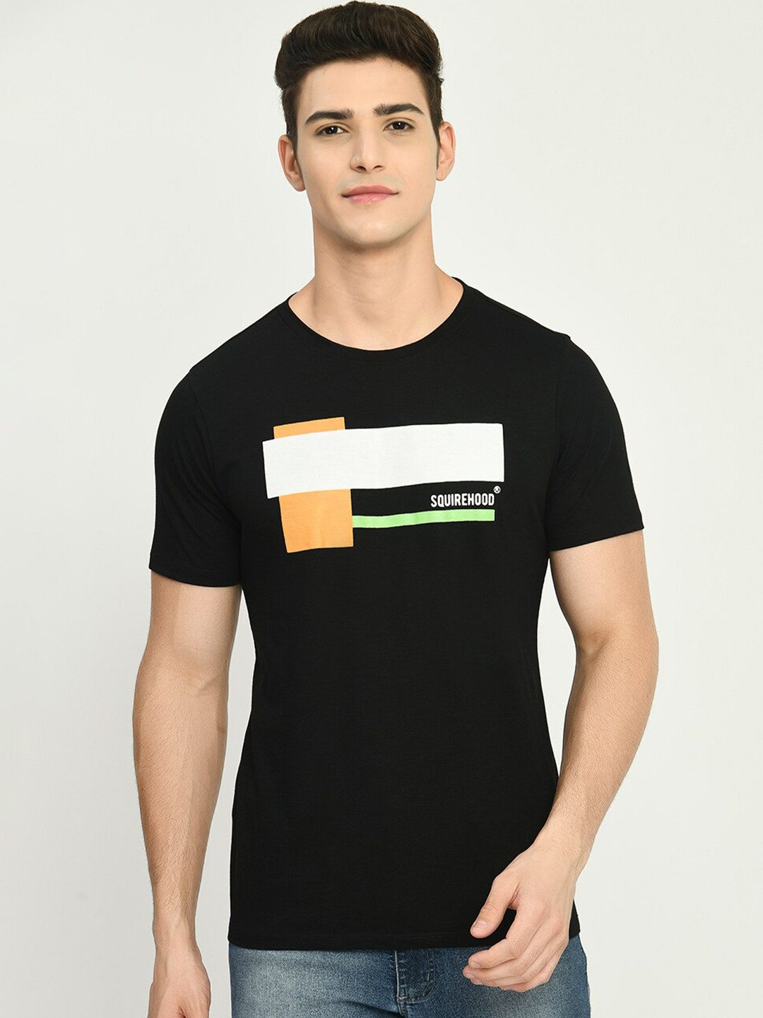 

SQUIREHOOD Graphic Printed Cotton Slim Fit T-shirt, Black