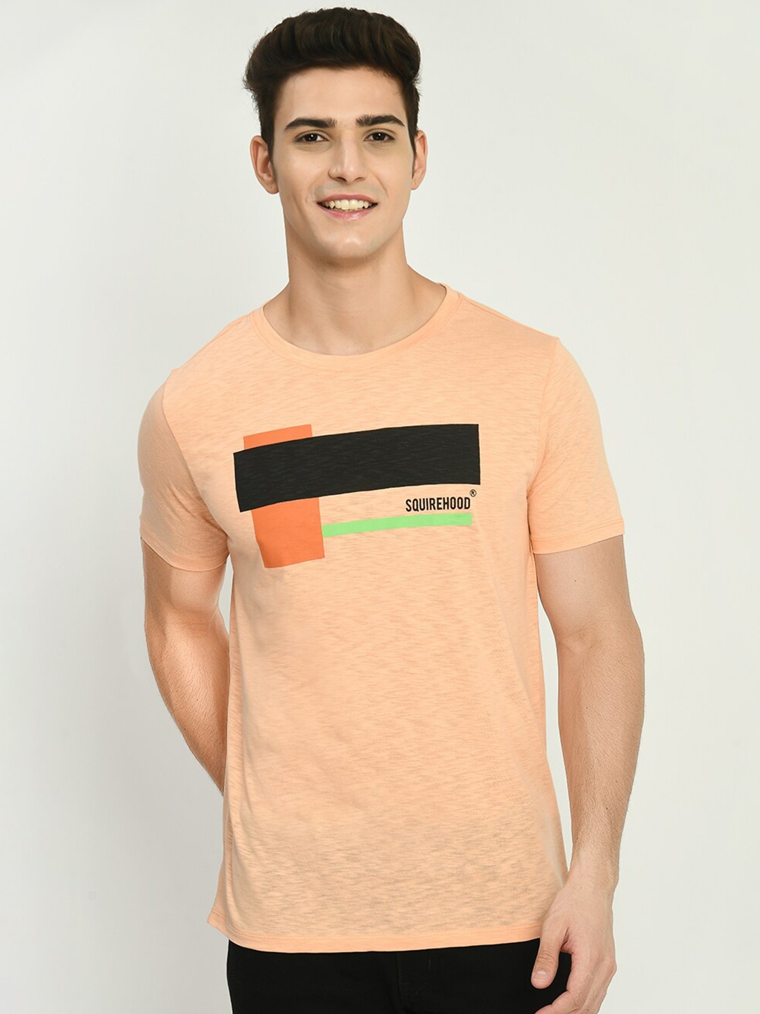 

SQUIREHOOD Graphic Printed Cotton Slim Fit T-shirt, Peach