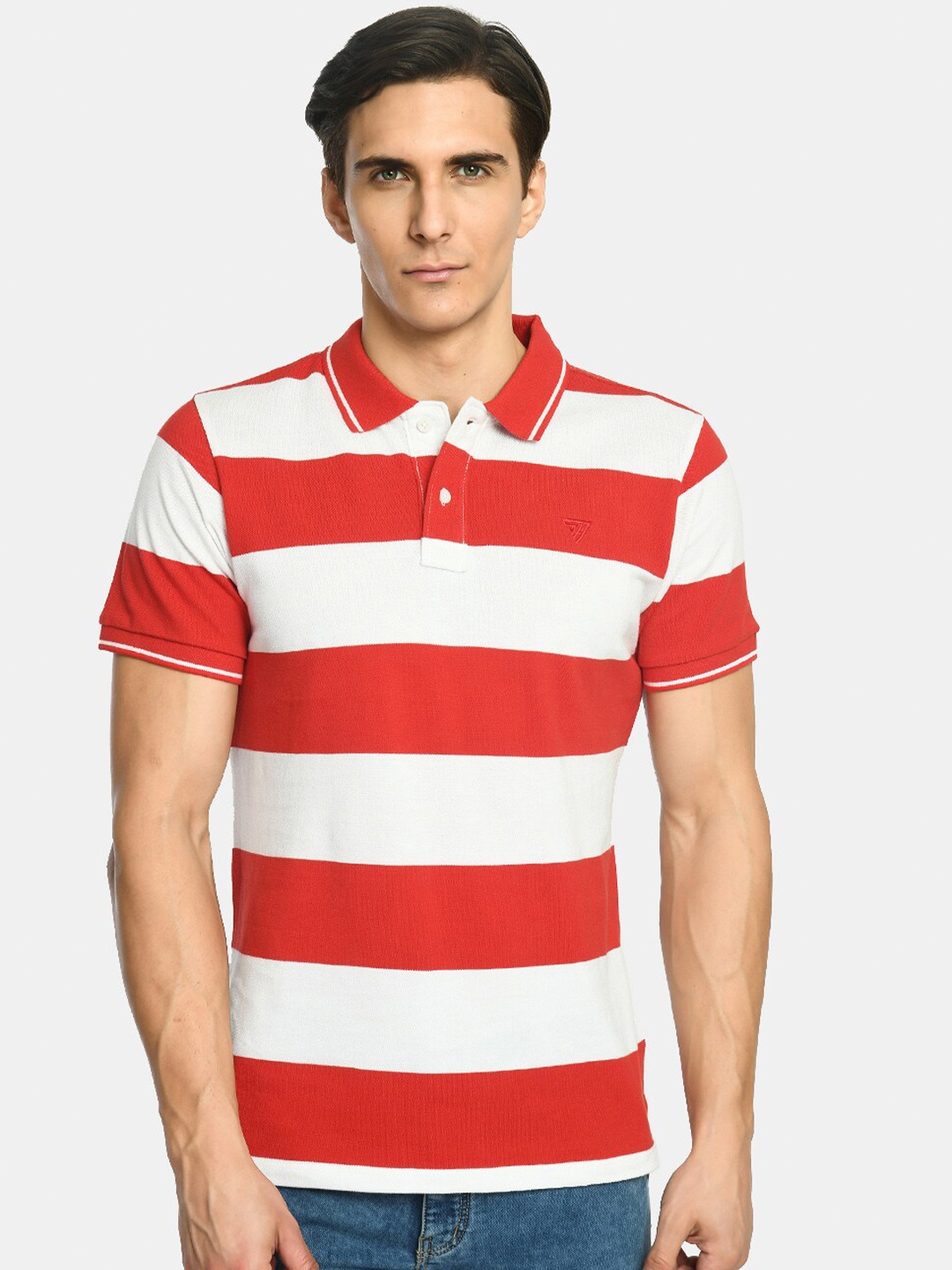 

SQUIREHOOD Colourblocked Polo Collar Cotton Slim Fit T-shirt, Red