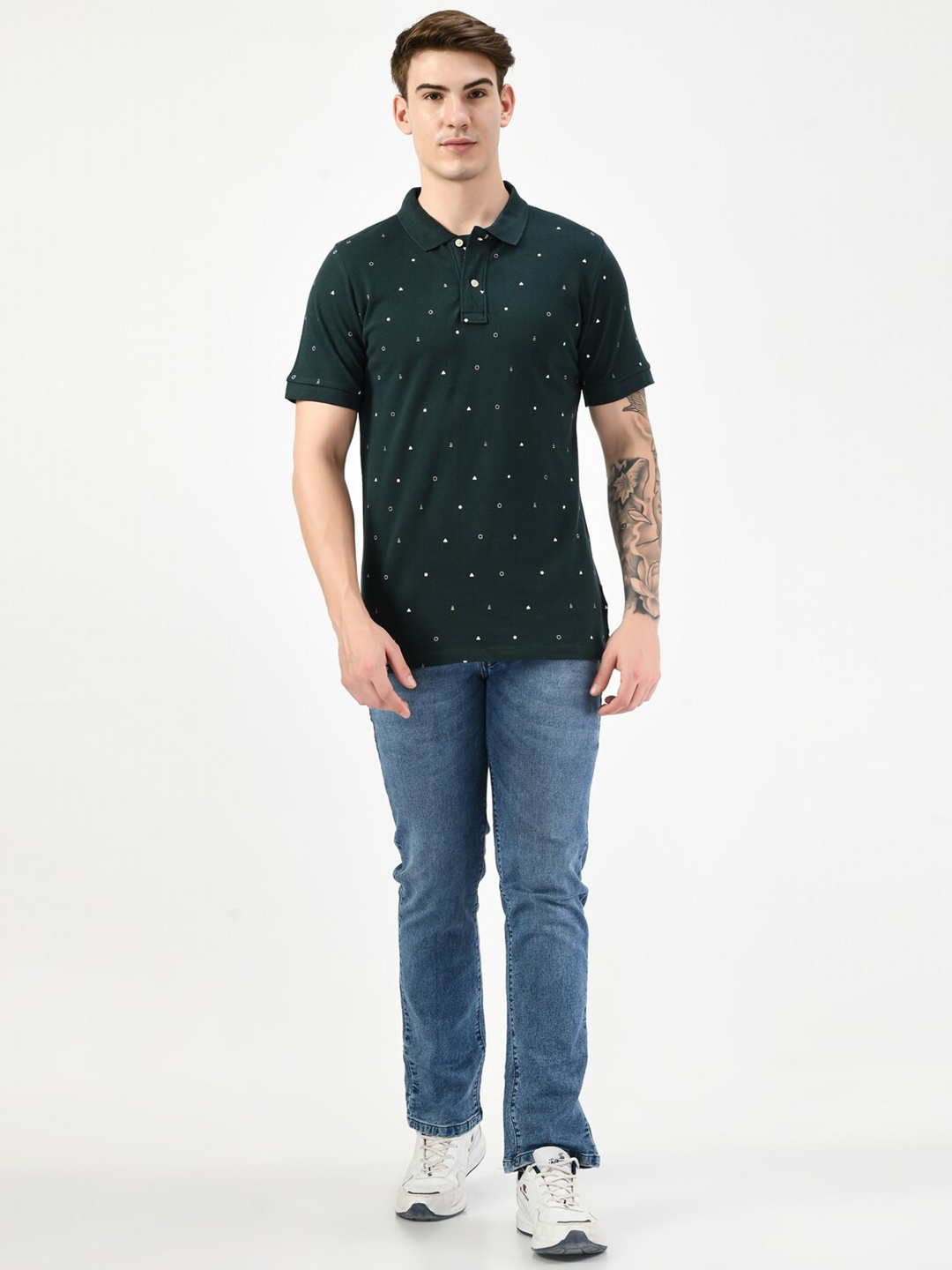 

SQUIREHOOD Geometric Printed Polo Collar Cotton Slim Fit T-shirt, Green