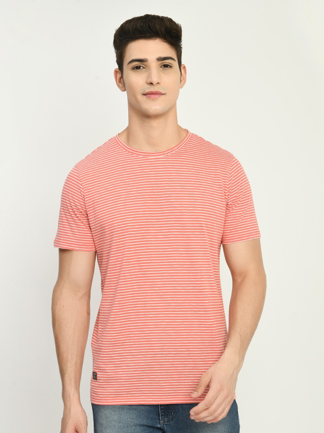 

SQUIREHOOD Striped Short Sleeves Cotton Slim Fit T-shirt, Peach